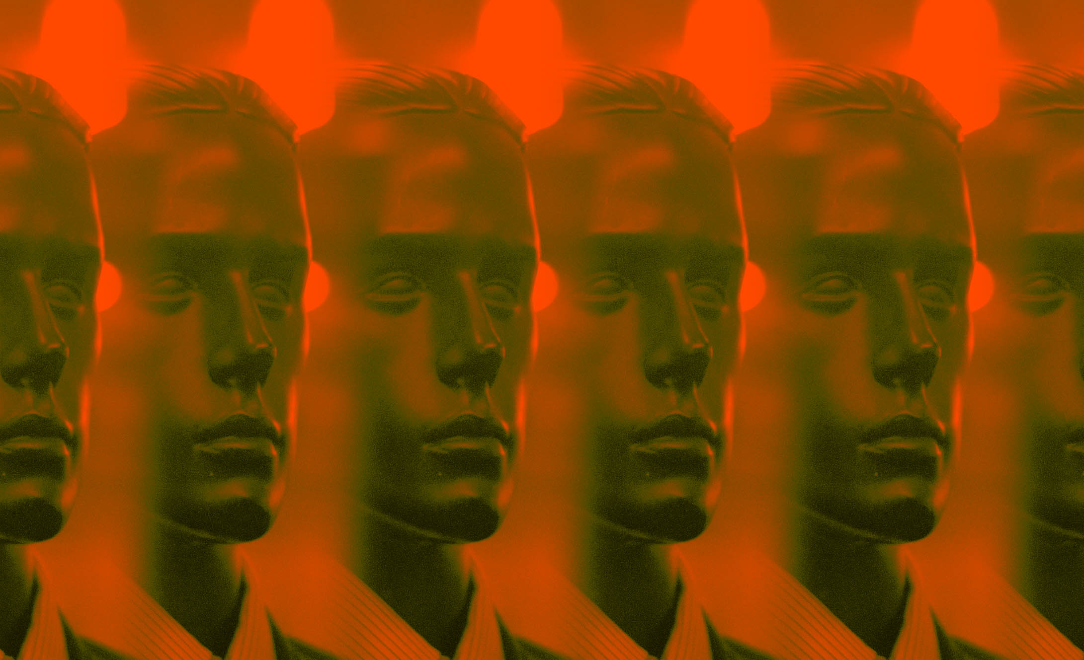 Grafika przedstawia zwielokrotnione, identyczne twarze manekina na czerwonym tle.