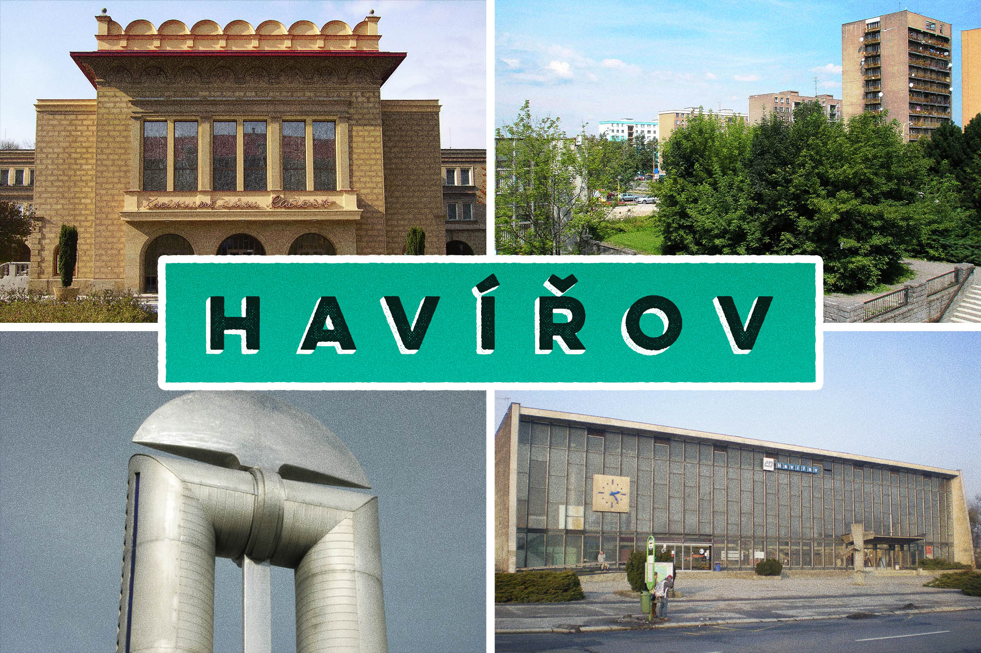 Zdjęcie przedstawia kolaż zdjęć z miejscowości Hawierzów. Na środku widnieje nazwa miejscowości a całość ma charakter pocztówki z PRL-u.