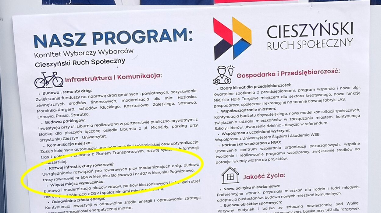 Zdjęcie przedstawia główne punkty programu wyborczego Cieszyńskiego Ruchu Społecznego gdzie pod punktem Infrastruktura i Komunikacja zaznaczono podpunkt Rozwój infrastruktury rowerowej, uwzględnienie rozwiązań pro rowerowych przy modernizacji drug, budowa trasy rowerowej 604 w kierunku Goleszowa i 607 w kierunku Pogwizdowa.