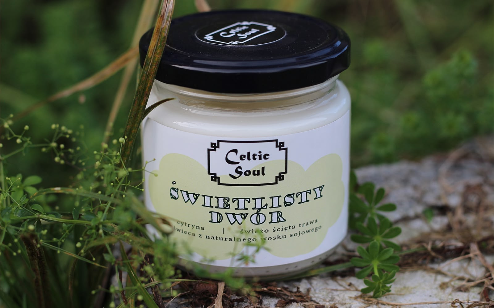 Zdjęcie słoika zawierającego świece z naturalnego wosku sojowego. Nazwa: Świetlisty Dwór. Słoik stoi wśród zieleni i mchu.
