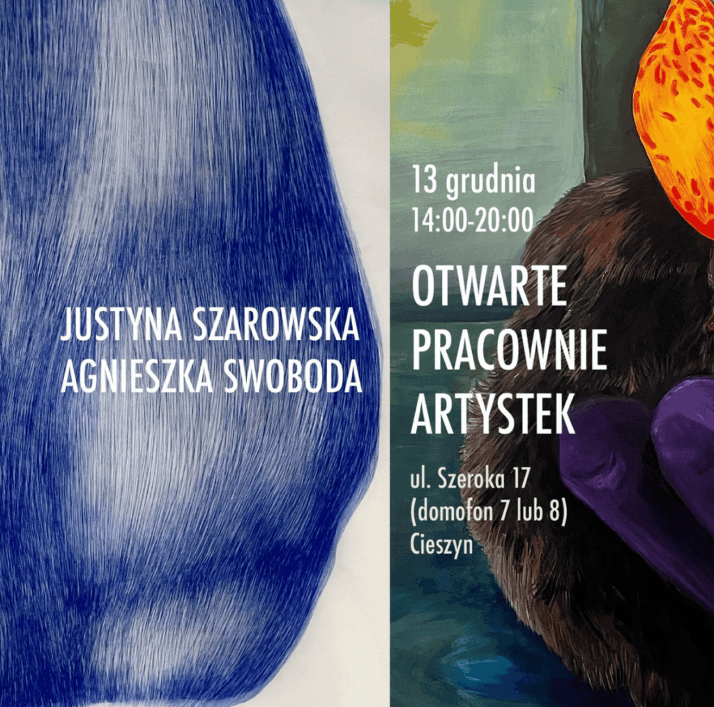 plakat przedstawia fragmenty obrazów artystek Justyny Szarowskiej i Agnieszki Swobody